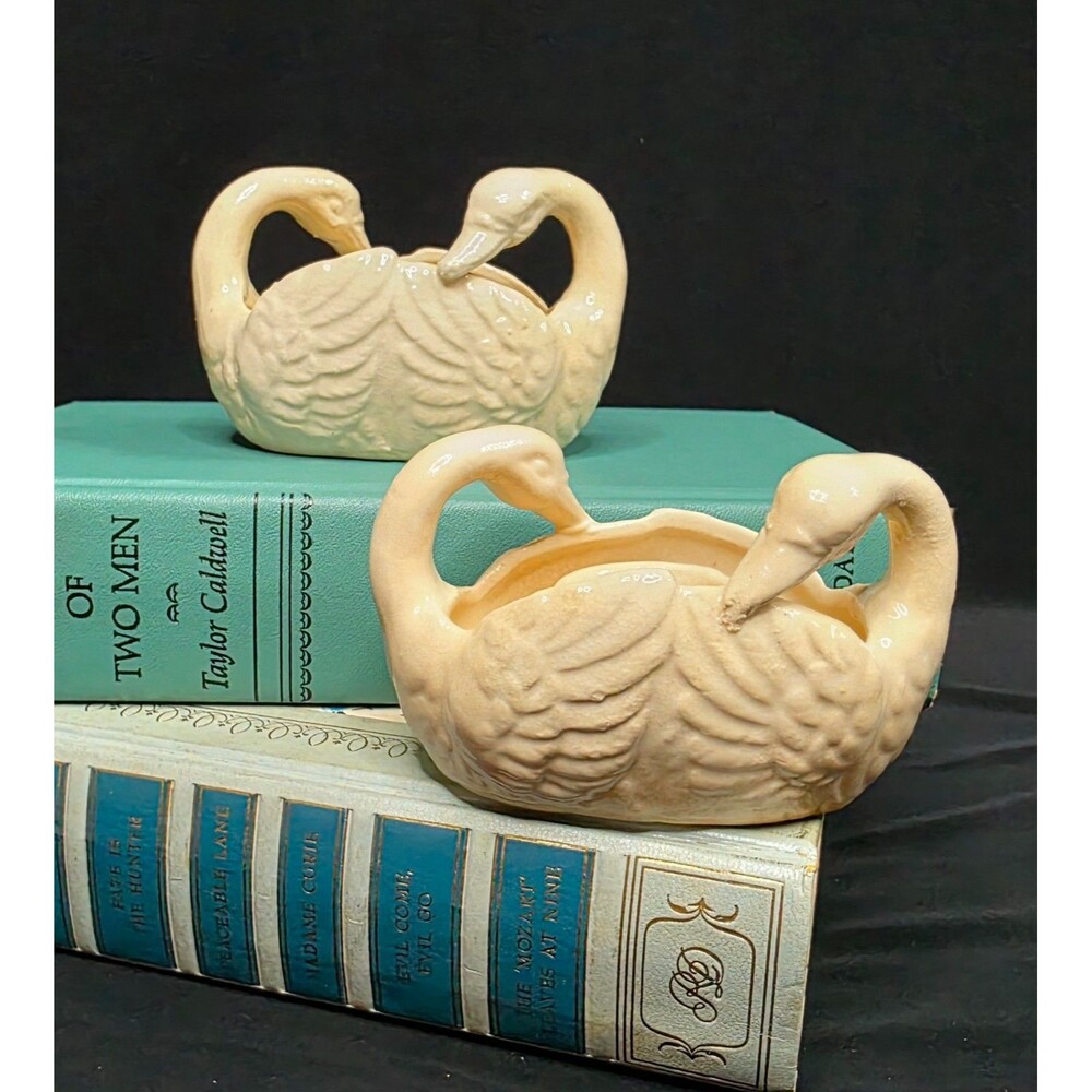 Vintage Japan Swan Taper Candle Holders Pair Hand Painted Pottery 1920s